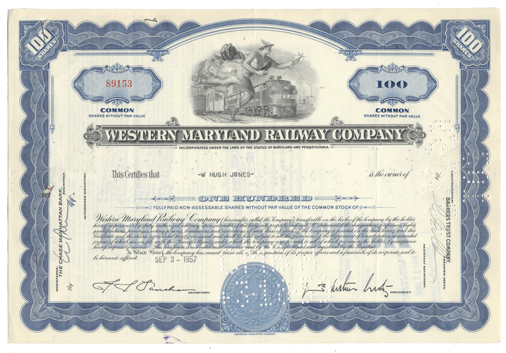 A vintage Western Maryland Railway Company stock certificate from 1957