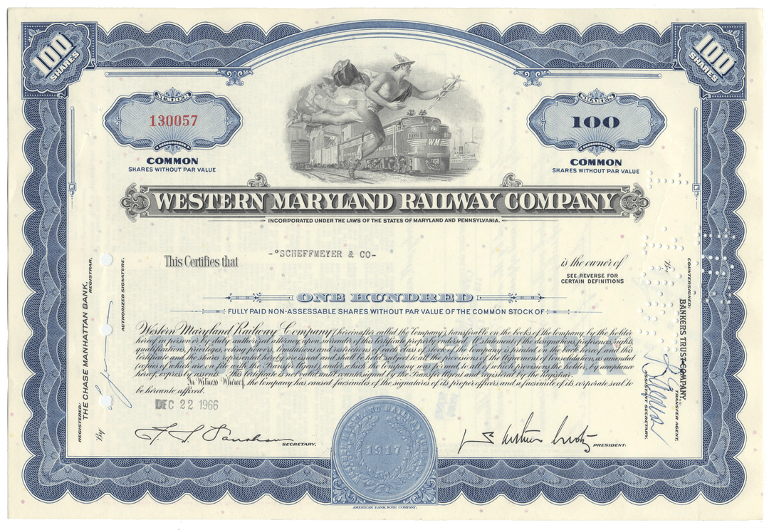 Stock certificate of the Western Maryland Railway Company with blue and black design elements.