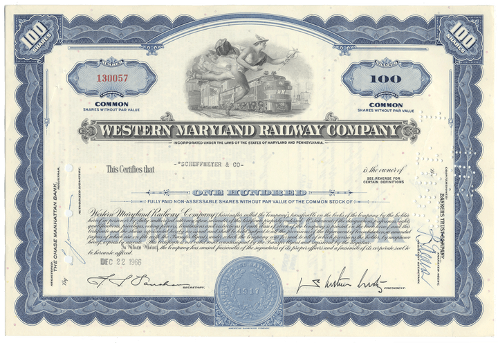 Stock certificate of the Western Maryland Railway Company with blue and black design elements.