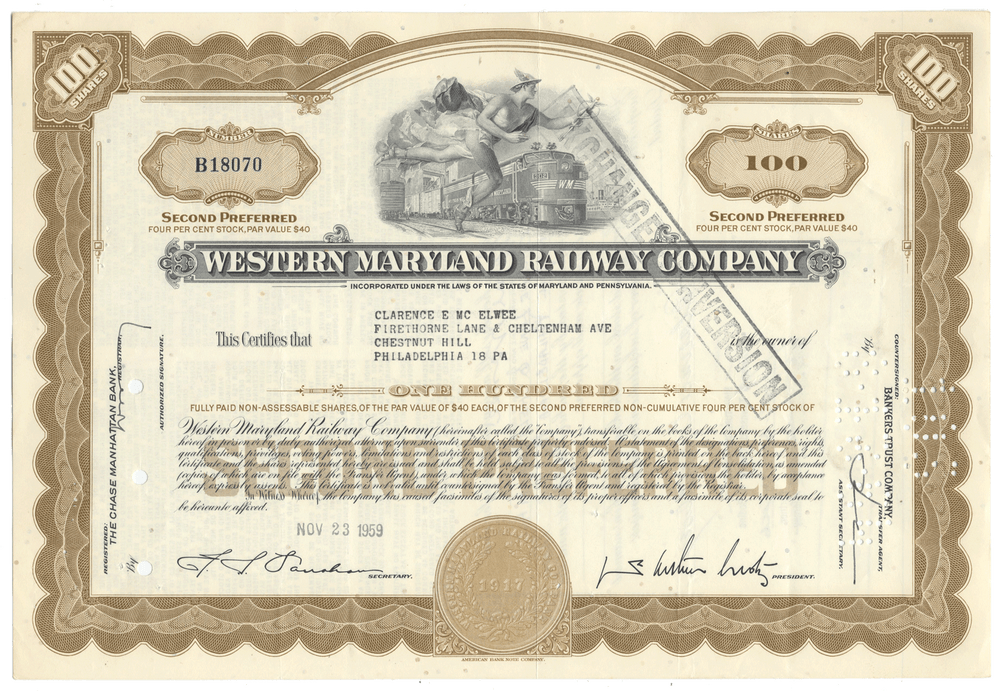 Vintage stock certificate of the Western Maryland Railway Company with intricate design and text from 1959