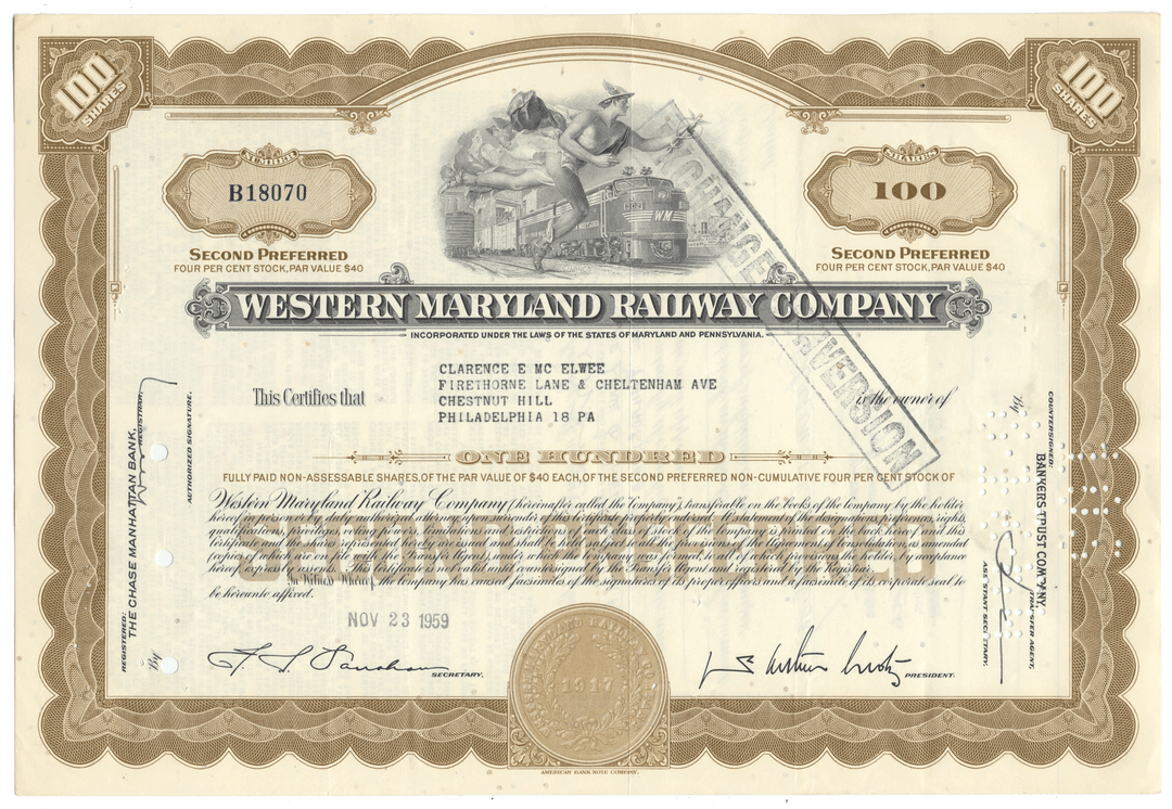 Vintage stock certificate of the Western Maryland Railway Company with intricate design and text from 1959