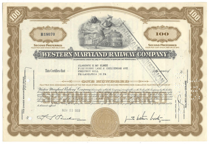 Vintage stock certificate of the Western Maryland Railway Company with intricate design and text from 1959