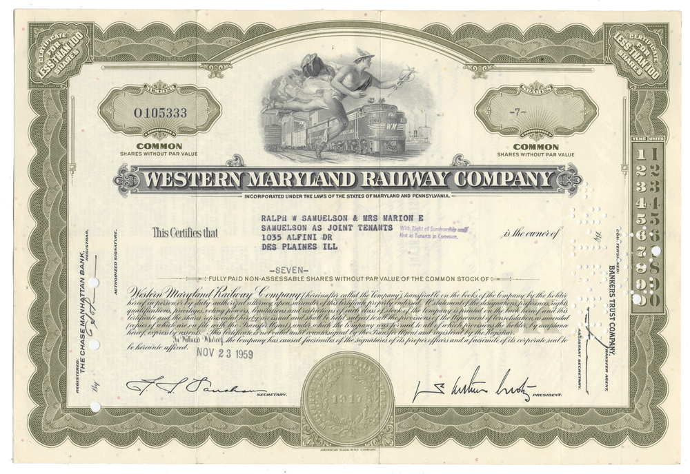 A vintage Western Maryland Railway Company stock certificate from 1959
