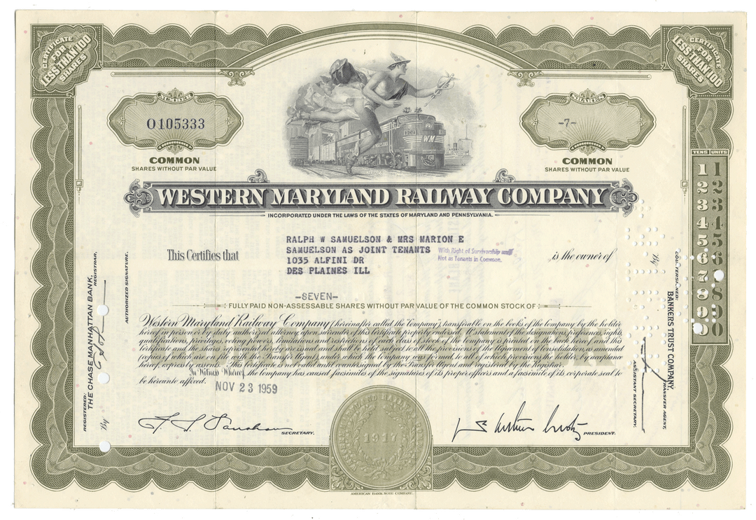 A vintage Western Maryland Railway Company stock certificate from 1959