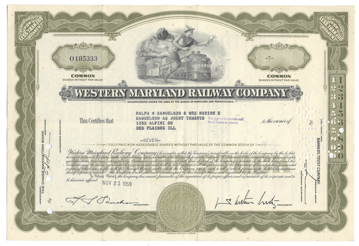 A vintage Western Maryland Railway Company stock certificate from 1959