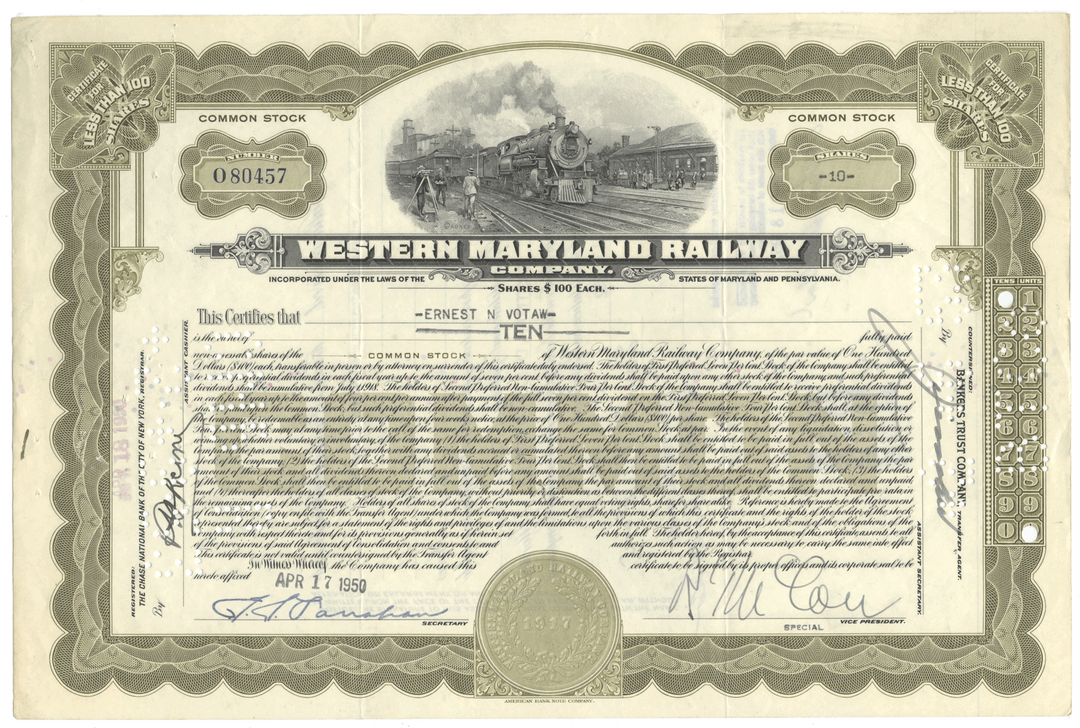 Historical stock certificate of the Western Maryland Railway with train illustration and text.