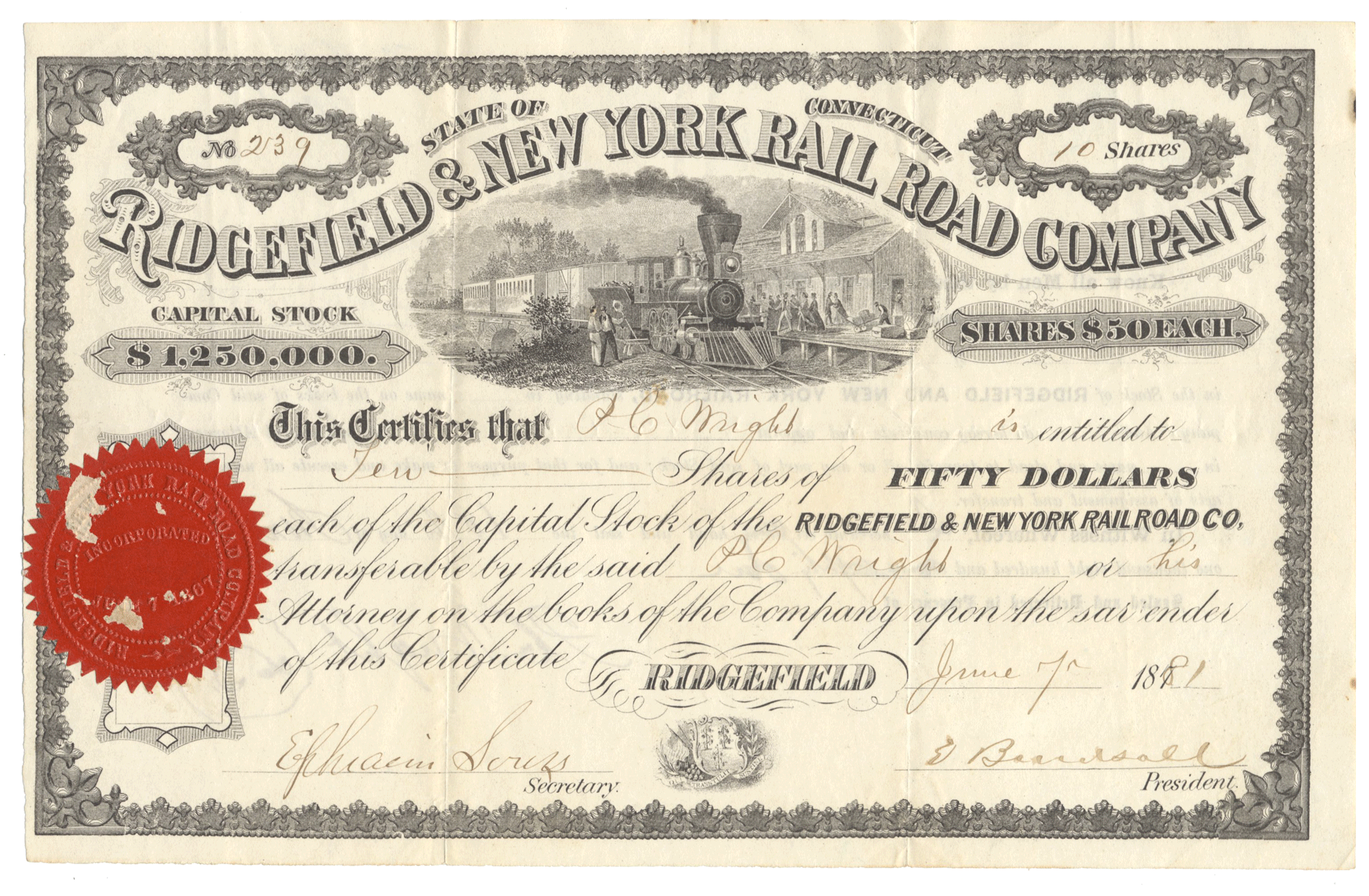 Ridgefield & New York Rail Road Company Stock Certificate