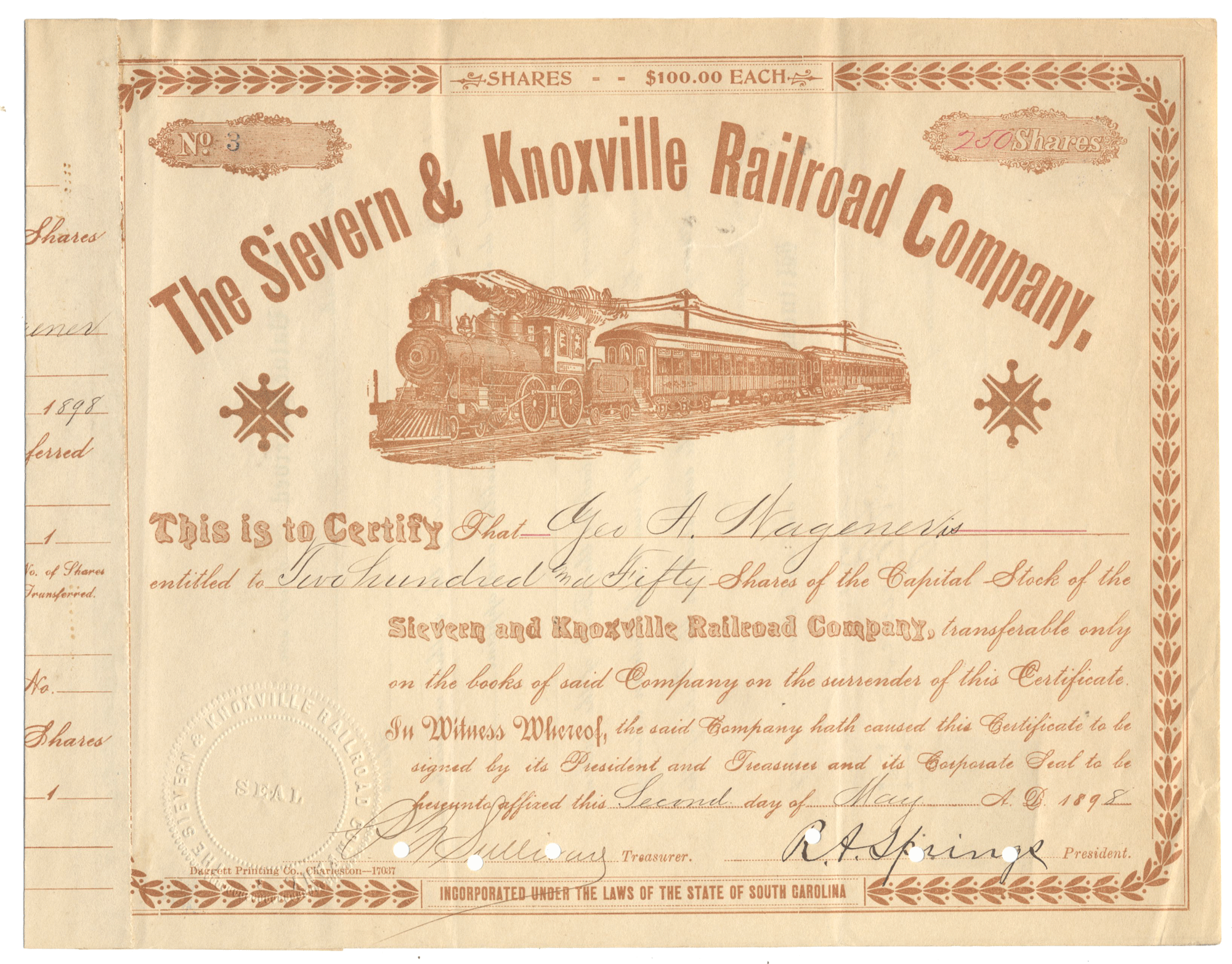 Vintage stock certificate for the Sievern & Knoxville Railroad Company with a train illustration.