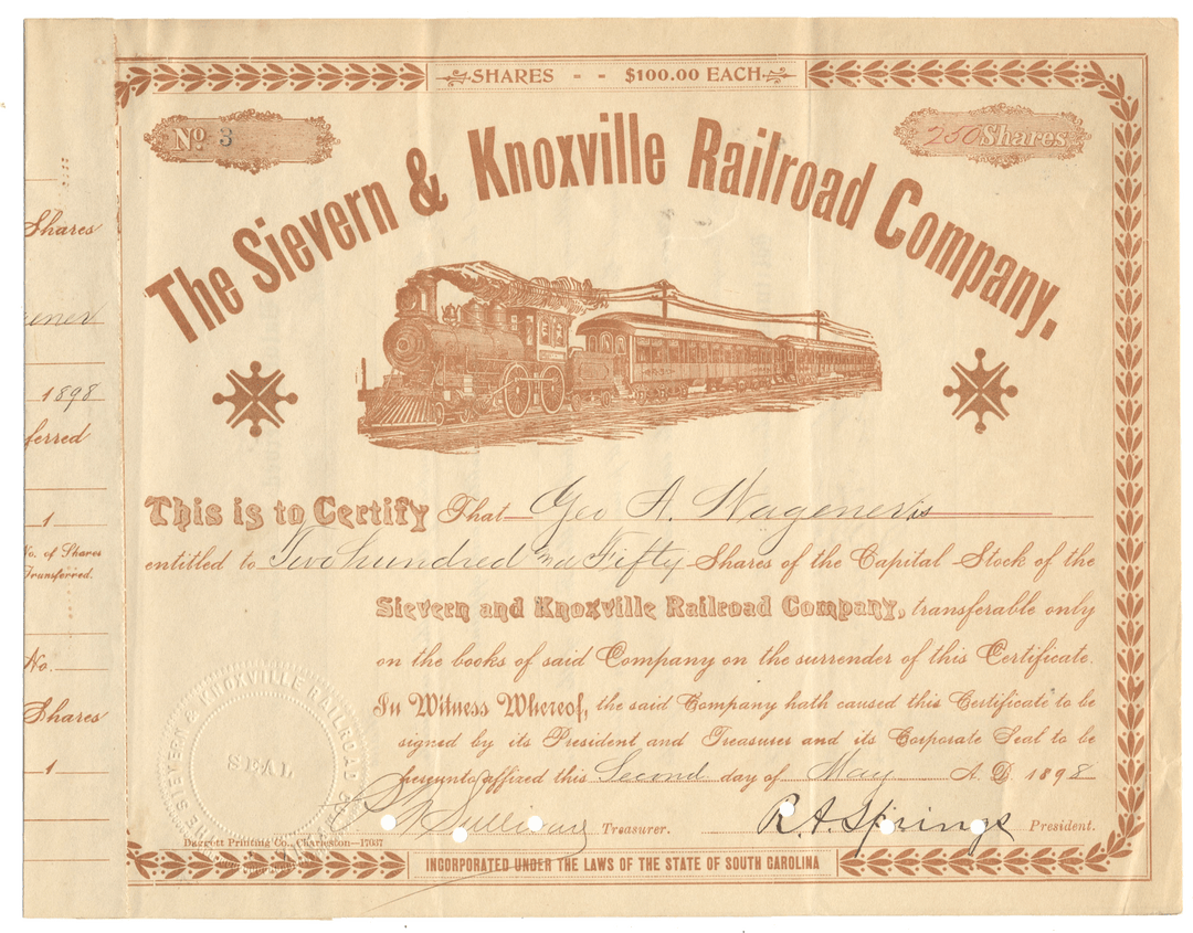 Vintage stock certificate for the Sievern & Knoxville Railroad Company with a train illustration.