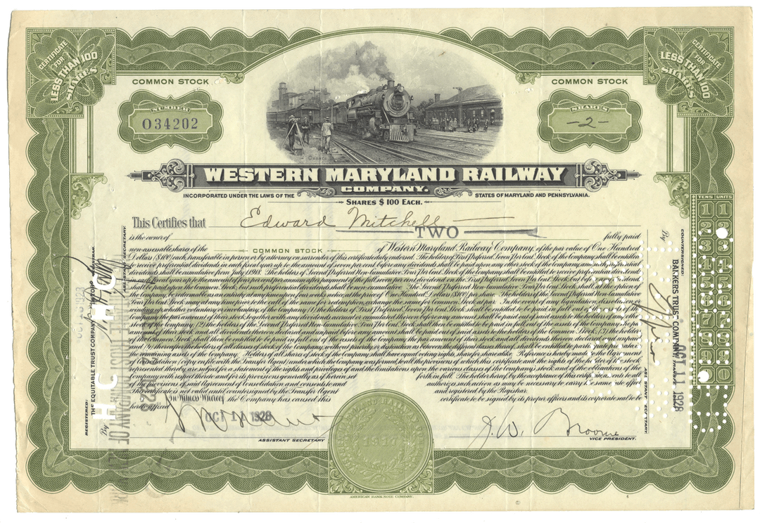 An antique Western Maryland Railway company stock certificate from 1928, featuring an ornate green border, a central illustration of a steam train, and extensive printed text and signatures.