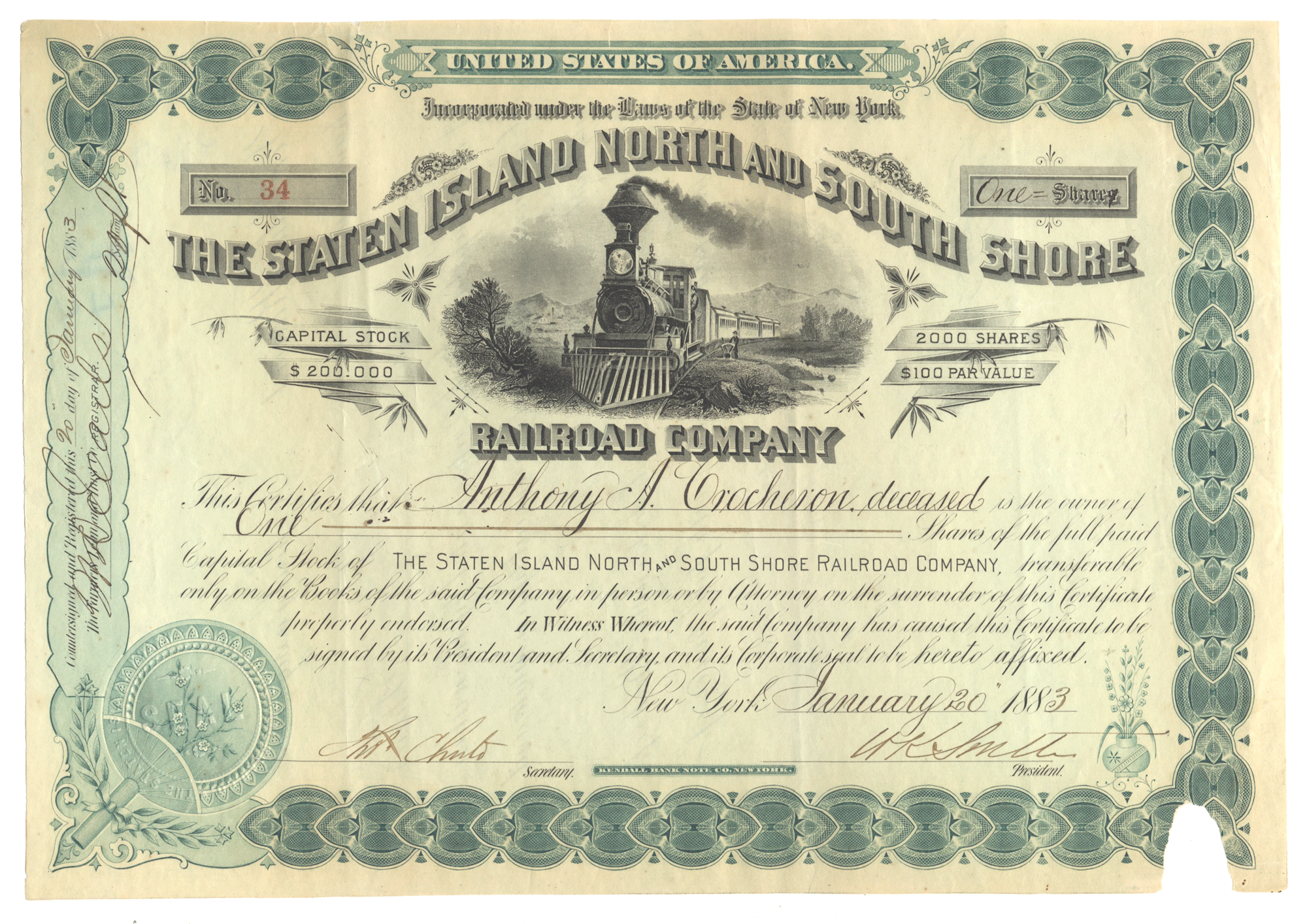Historical stock certificate for Staten Island North and South Shore Railroad Company from 1883