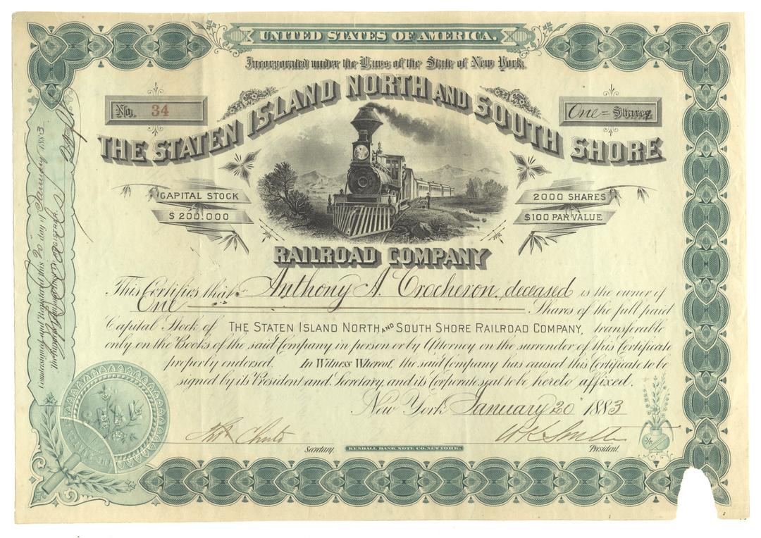Historical stock certificate for Staten Island North and South Shore Railroad Company from 1883