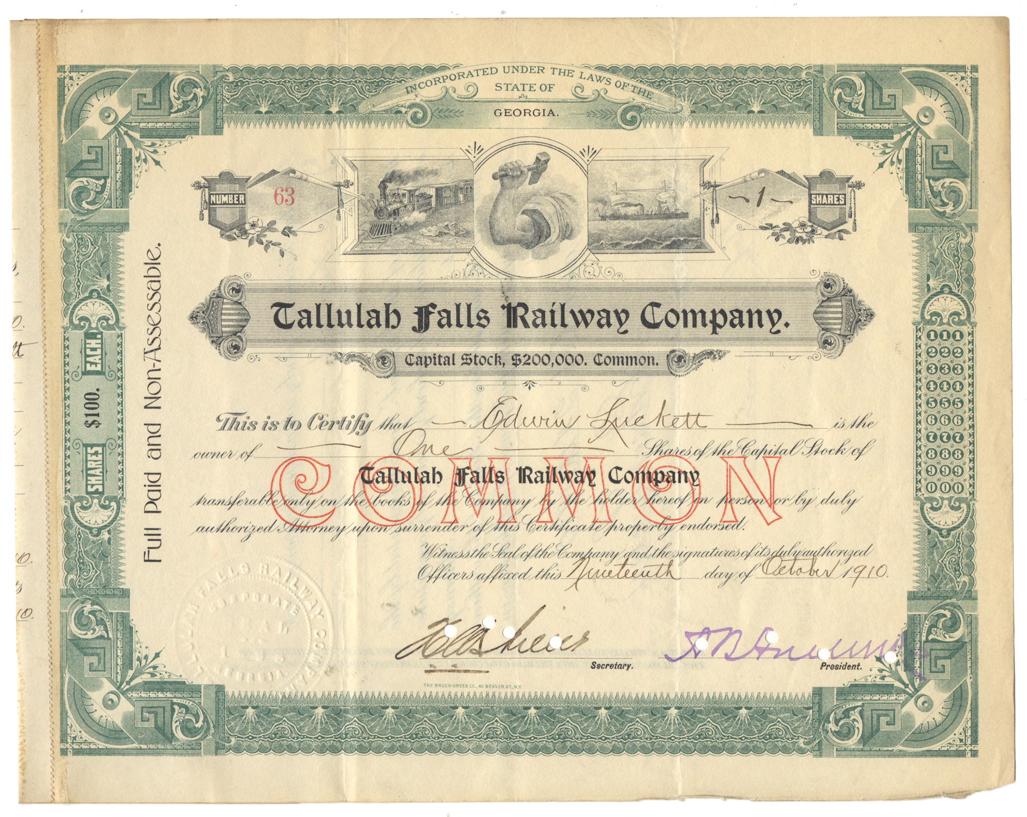 Vintage stock certificate for Tallulah Falls Railway Company with decorative elements.