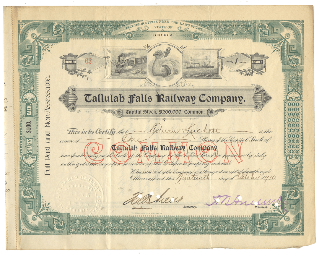 Vintage stock certificate for Tallulah Falls Railway Company with decorative elements.