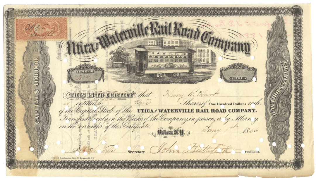 Utica and Waterville Rail Road Company Stock Certificate Signed by John Butterfield