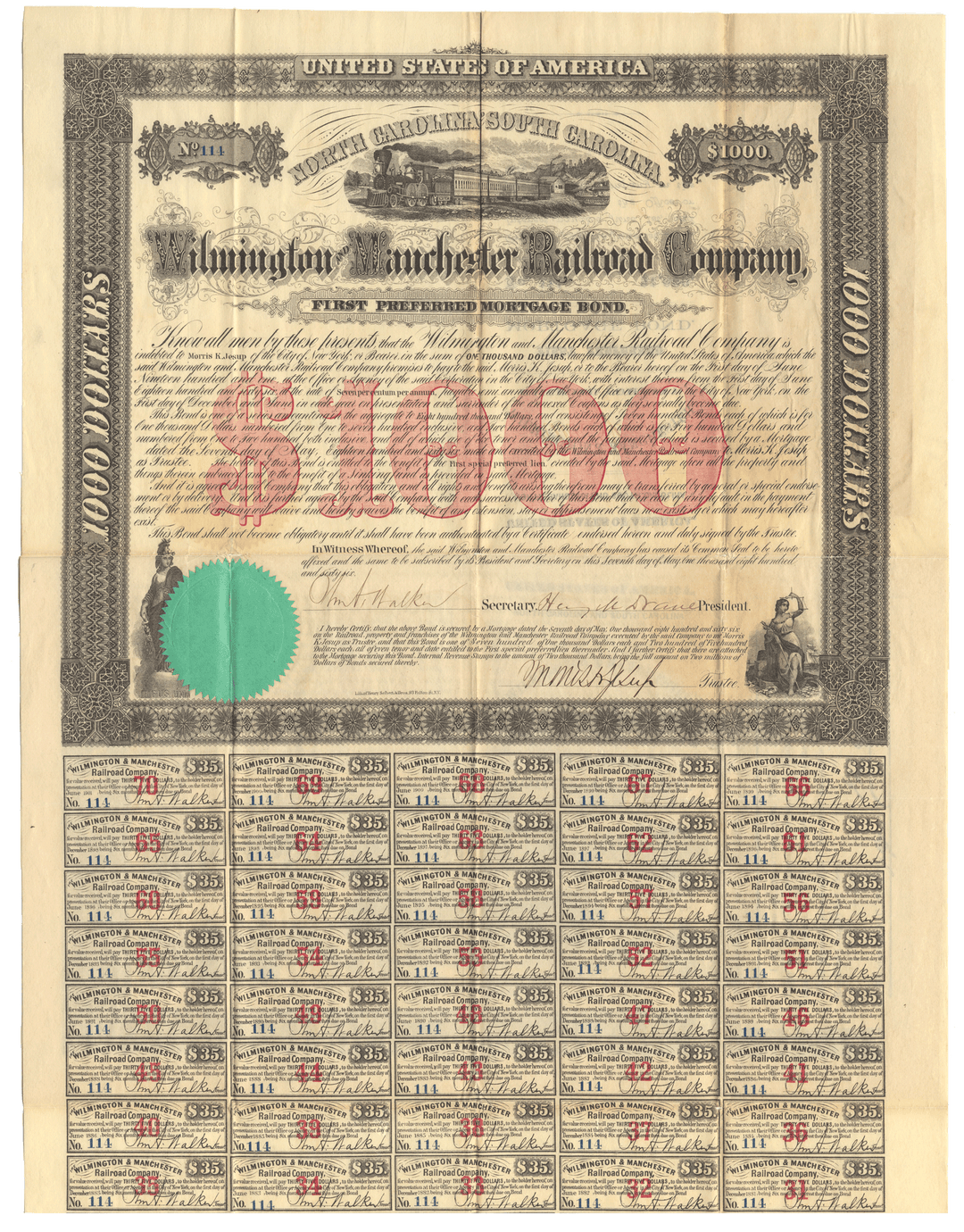 Vintage bond certificate from the Wilmington and Manchester Railroad Company with $1000 face value signed by Morris K. Jesup.