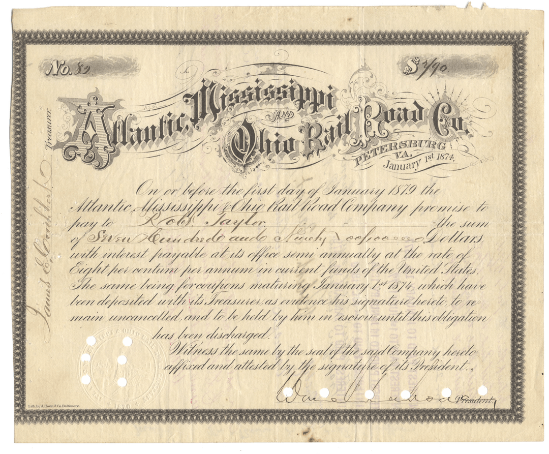 Atlantic, Mississippi and Ohio Rail Road Company Stock Certificate Signed by William Mahone