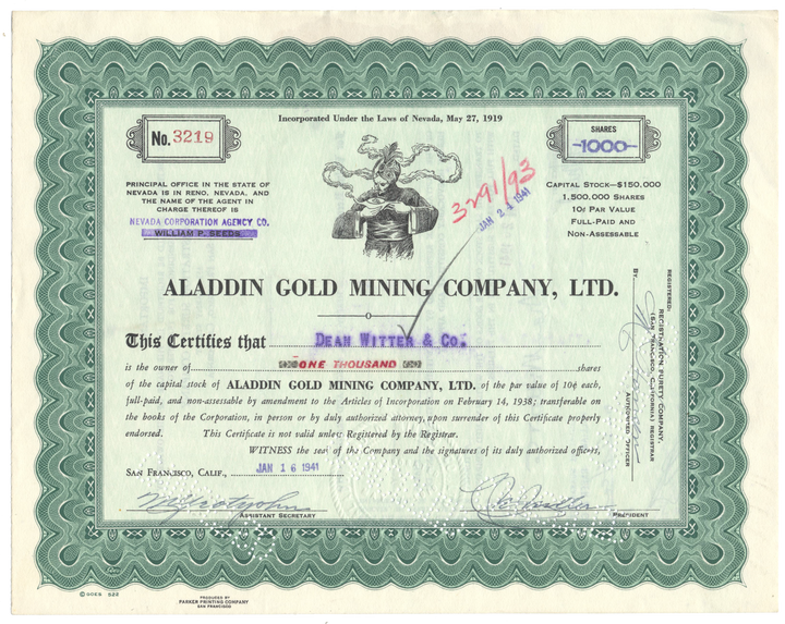 Aladdin Gold Mining Company, Ltd. Stock Certificate