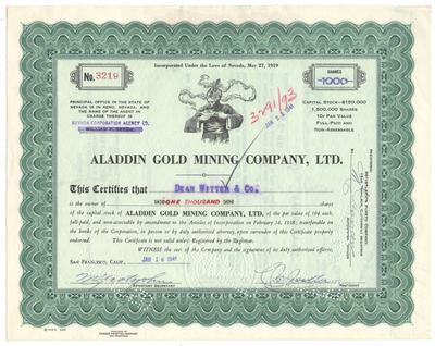 Aladdin Gold Mining Company, Ltd. Stock Certificate