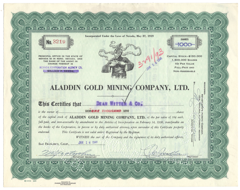 Aladdin Gold Mining Company, Ltd. Stock Certificate