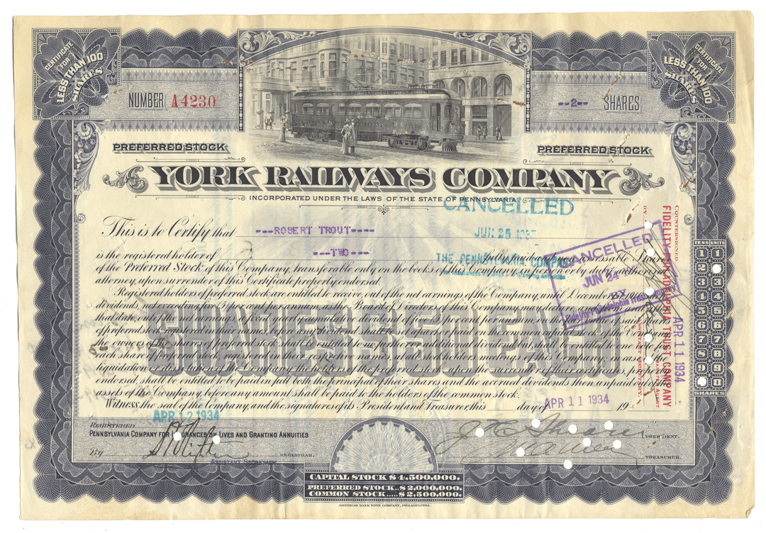 Stock certificate of the York Railways Company