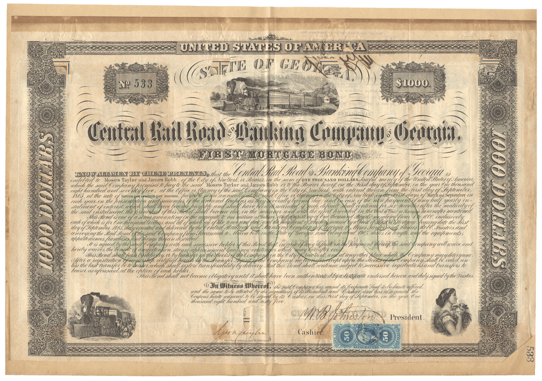 Vintage United States bond certificate for Central Rail Road Banking Company of Georgia Signed by Moses Taylor from 1865