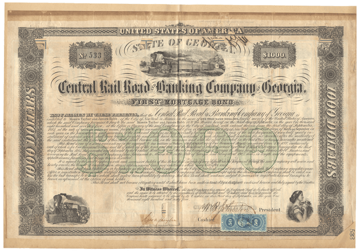 Vintage United States bond certificate for Central Rail Road Banking Company of Georgia Signed by Moses Taylor from 1865