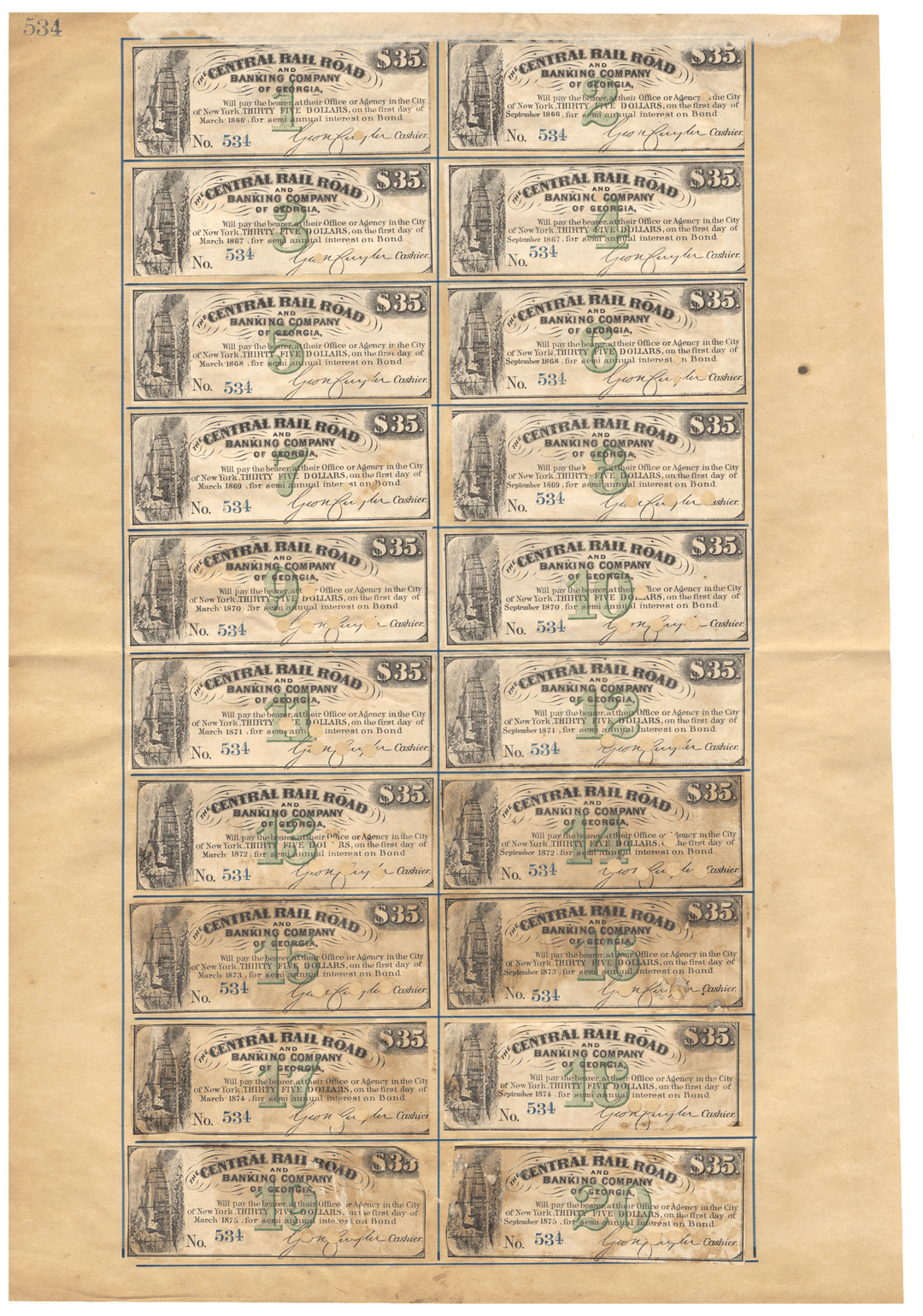 Vintage United States bond certificate for Central Rail Road Banking Company of Georgia Signed by Moses Taylor from 1865