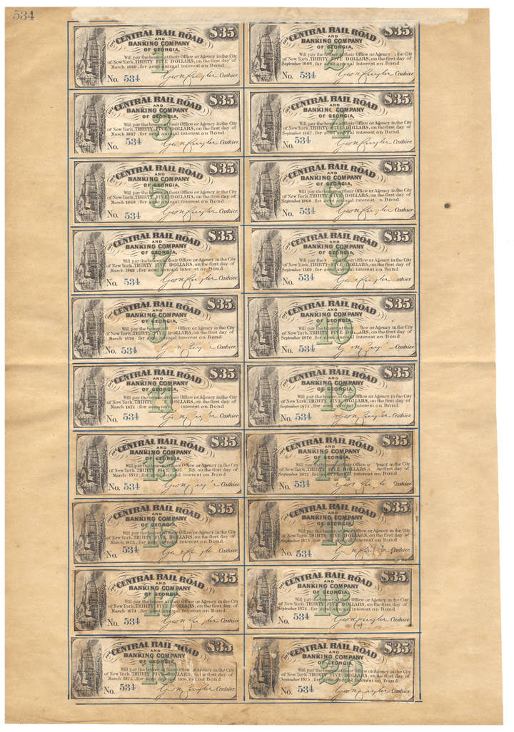 Vintage United States bond certificate for Central Rail Road Banking Company of Georgia Signed by Moses Taylor from 1865