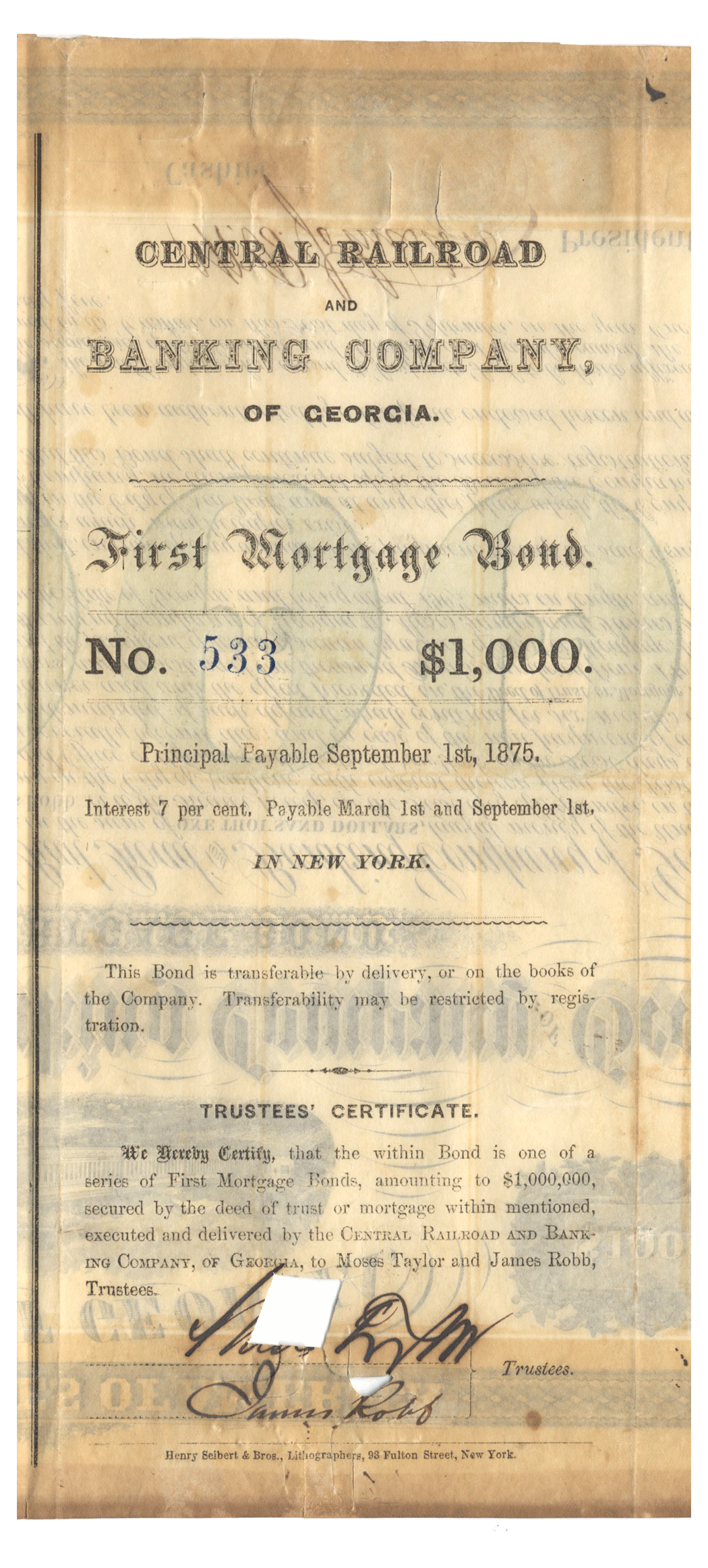 Vintage United States bond certificate for Central Rail Road Banking Company of Georgia Signed by Moses Taylor from 1865