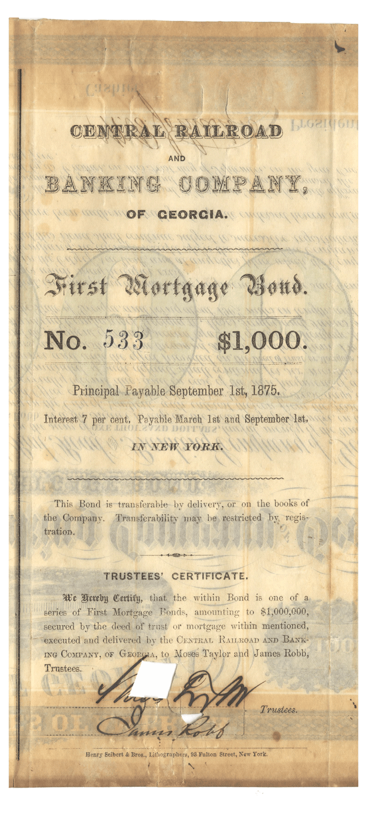Vintage United States bond certificate for Central Rail Road Banking Company of Georgia Signed by Moses Taylor from 1865