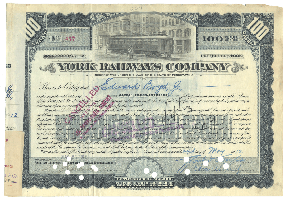 Stock certificate of the York Railways Company with a tram image from 1912