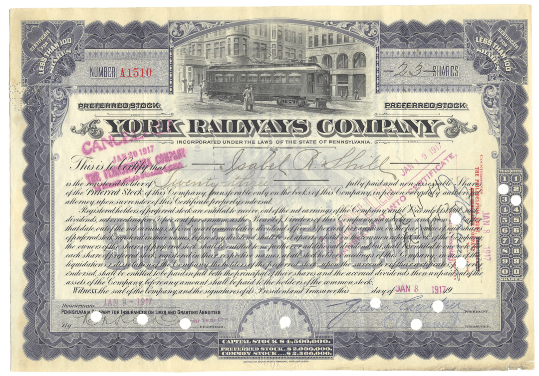Stock certificate of the New York Railways Company with a tram and building illustration dated 1917