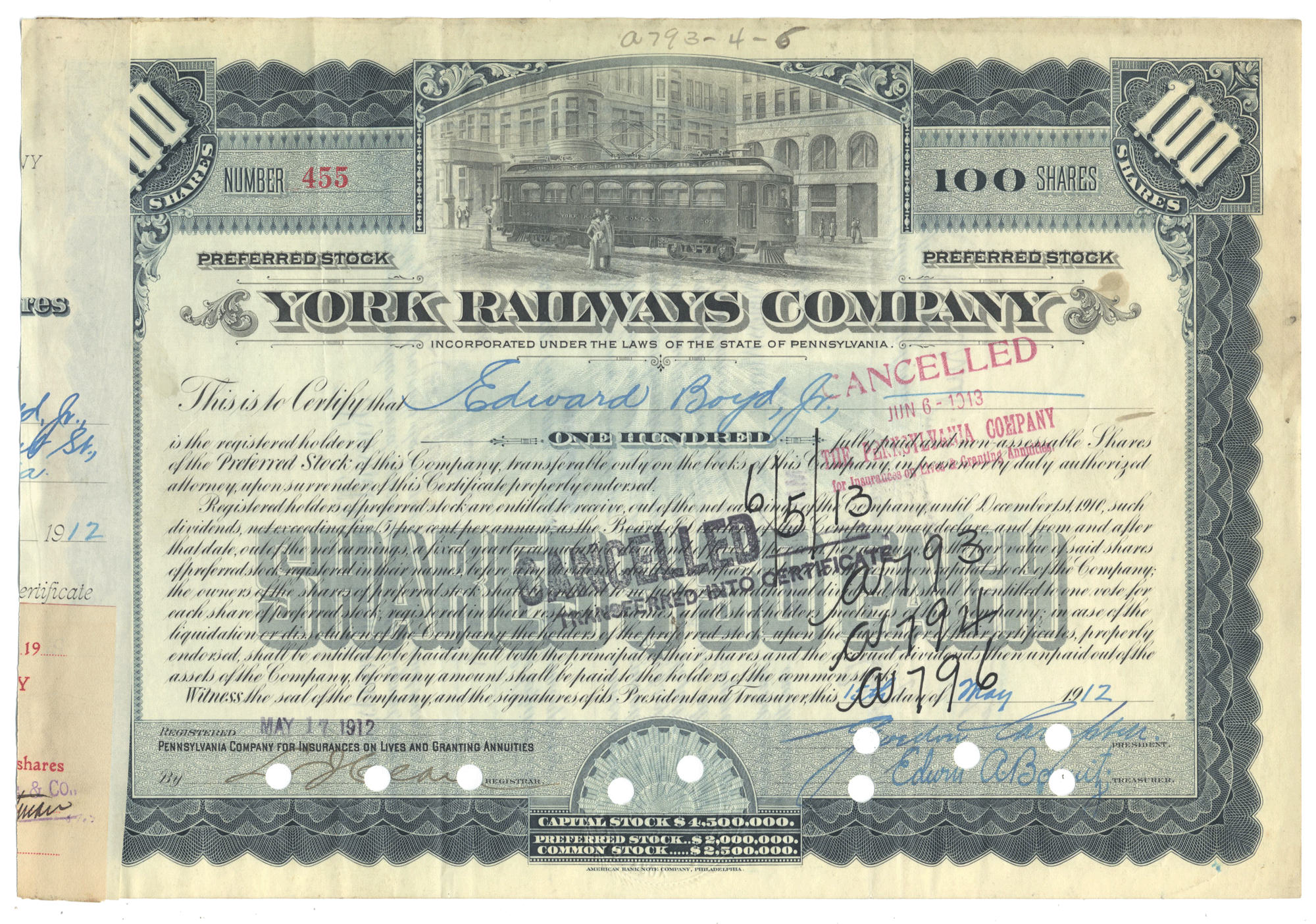 Stock certificate for the York Railways Company with tram illustration