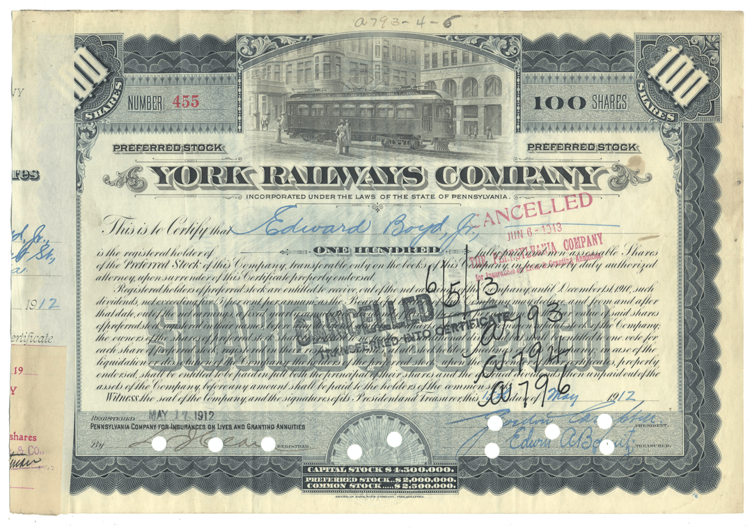 Stock certificate for the York Railways Company with tram illustration