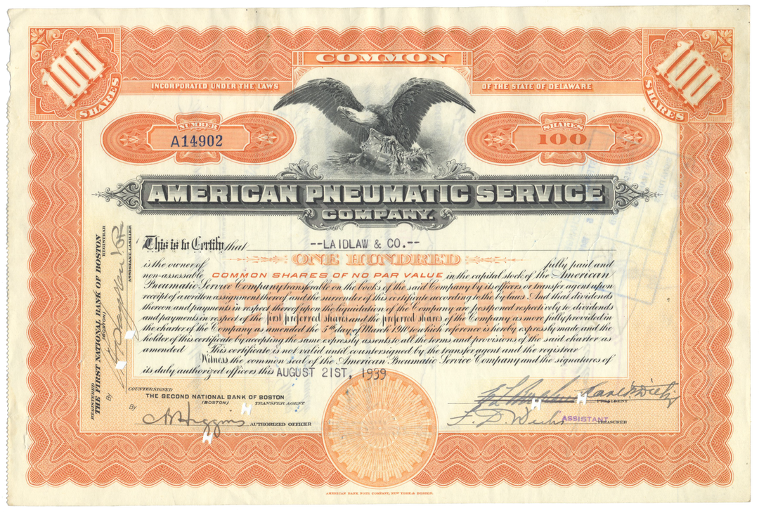 American Pneumatic Service Company Stock Certificate