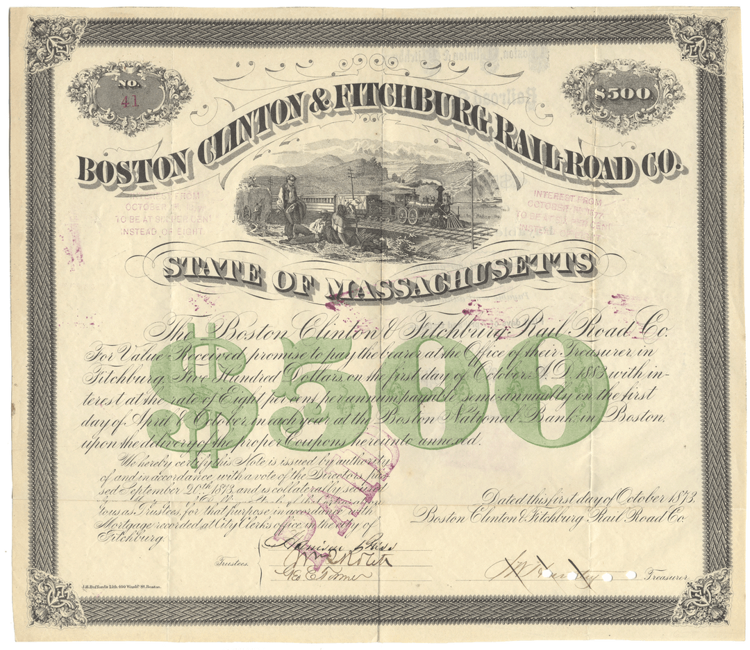 Historical bond certificate for the Boston & Clinton Fitchburg Railroad Co. with a train illustration.