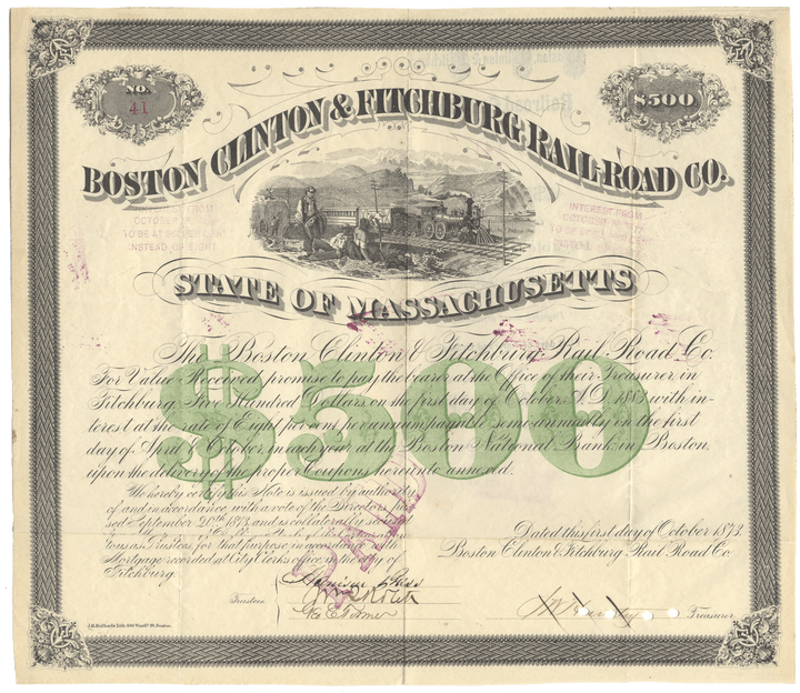 Historical bond certificate for the Boston & Clinton Fitchburg Railroad Co. with a train illustration.