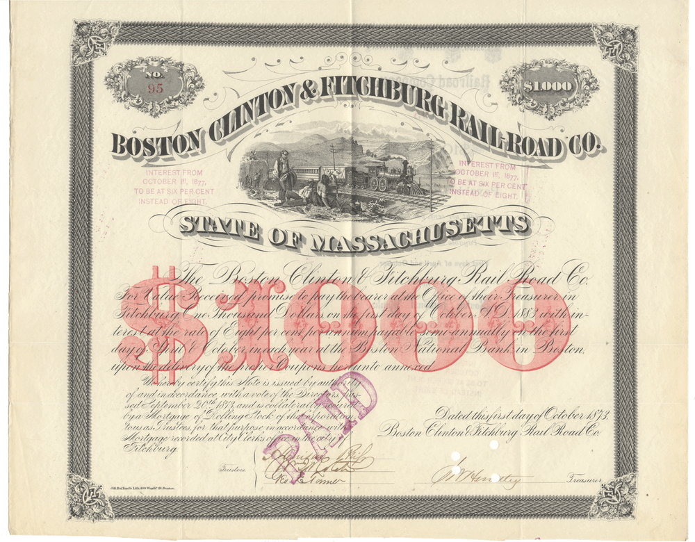 Vintage bond certificate for the Boston Clinton & Fitchburg Railroad Co. with decorative elements from 1872
