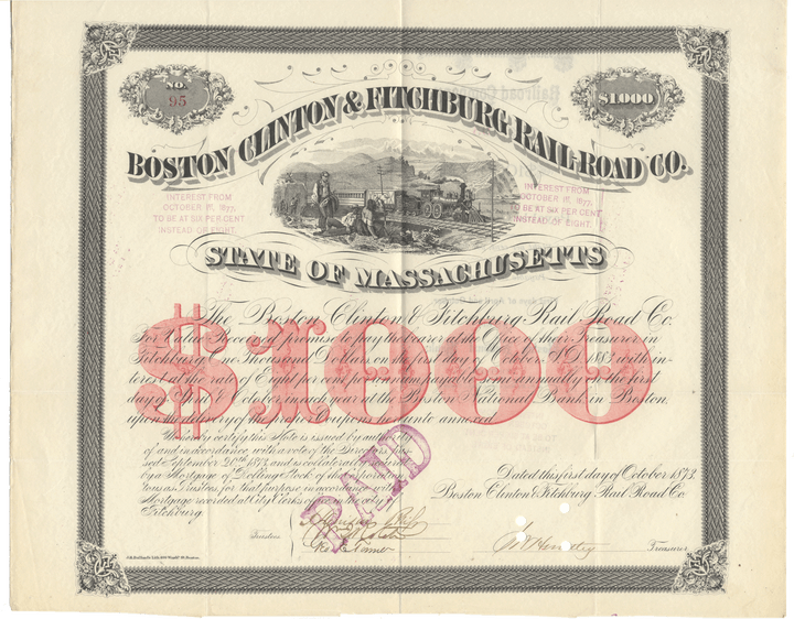 Vintage bond certificate for the Boston Clinton & Fitchburg Railroad Co. with decorative elements from 1872