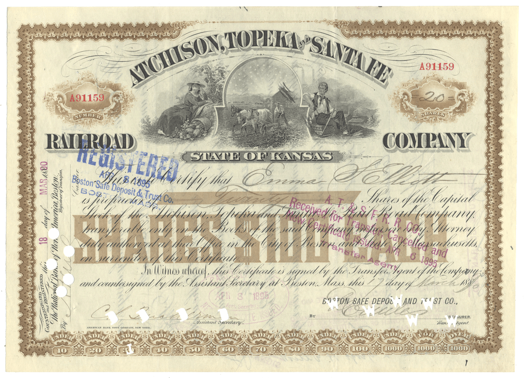 Atchison, Topeka and Santa Fe Railroad Company Stock Certificate