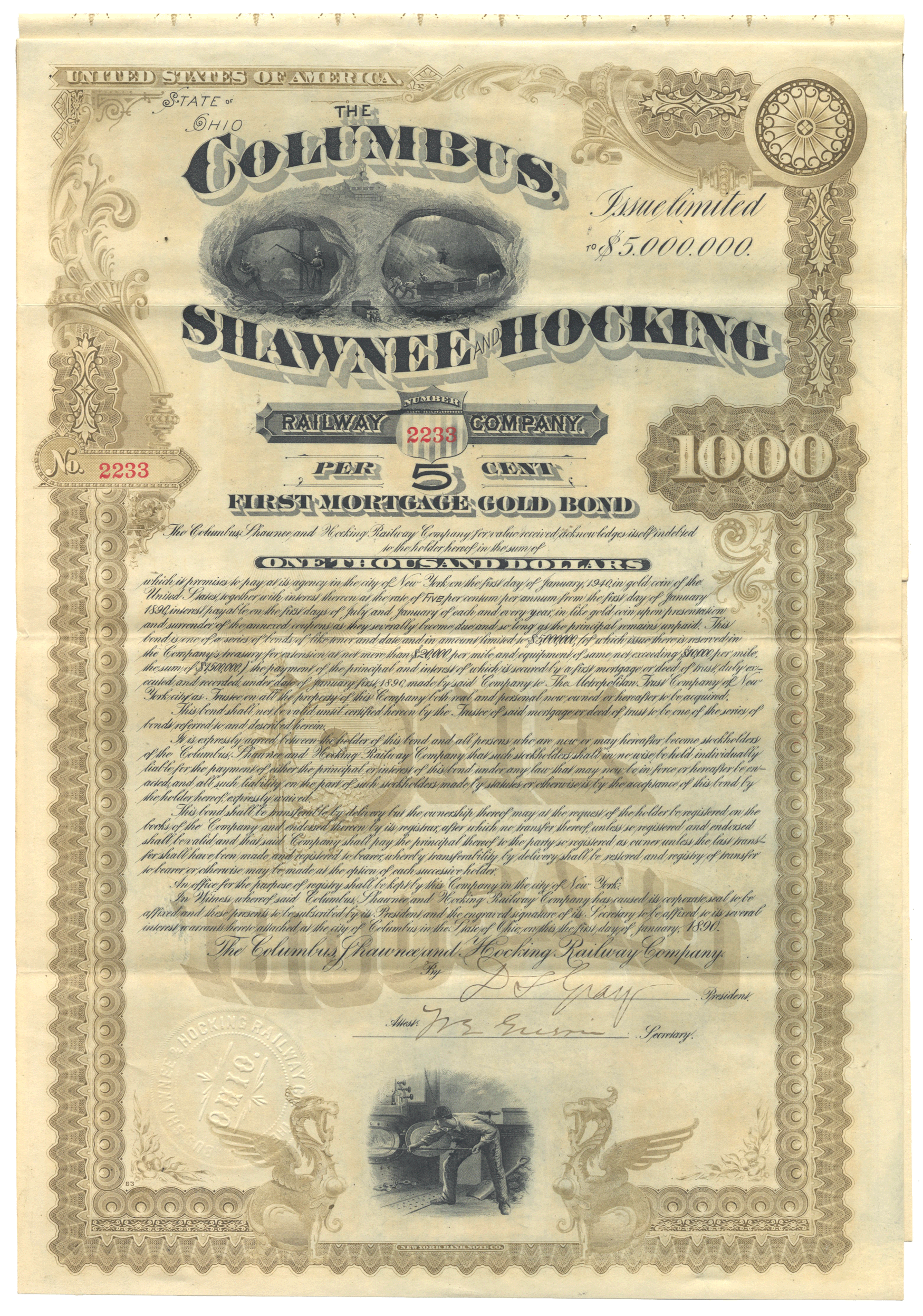 An antique bond certificate from The Columbus,  Shawnee & Hocking Railway Company, dated 1890