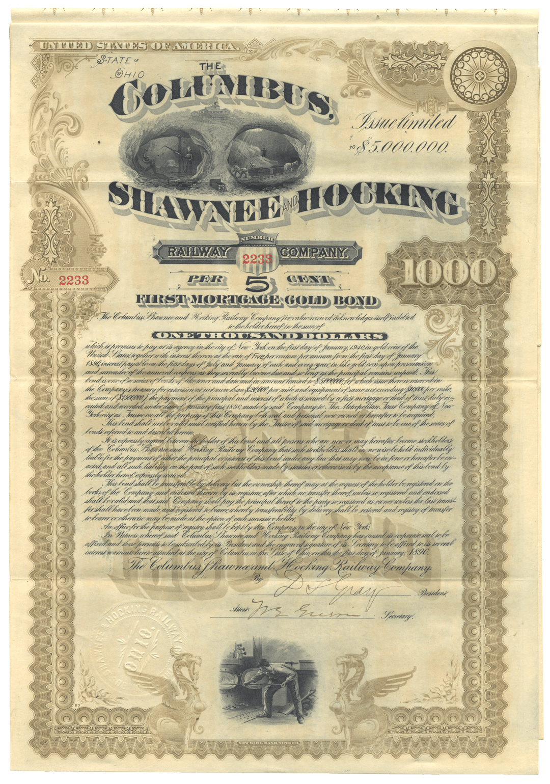 An antique bond certificate from The Columbus,  Shawnee & Hocking Railway Company, dated 1890