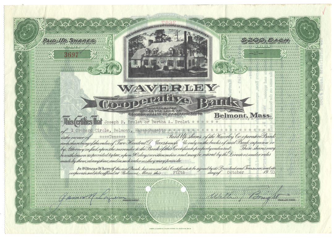 Waverly Co-operative Bank Stock Certificate