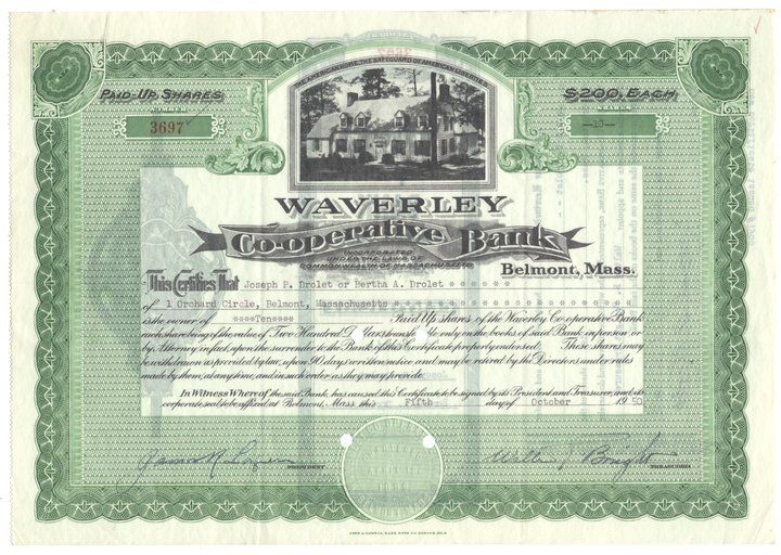 Waverly Co-operative Bank Stock Certificate