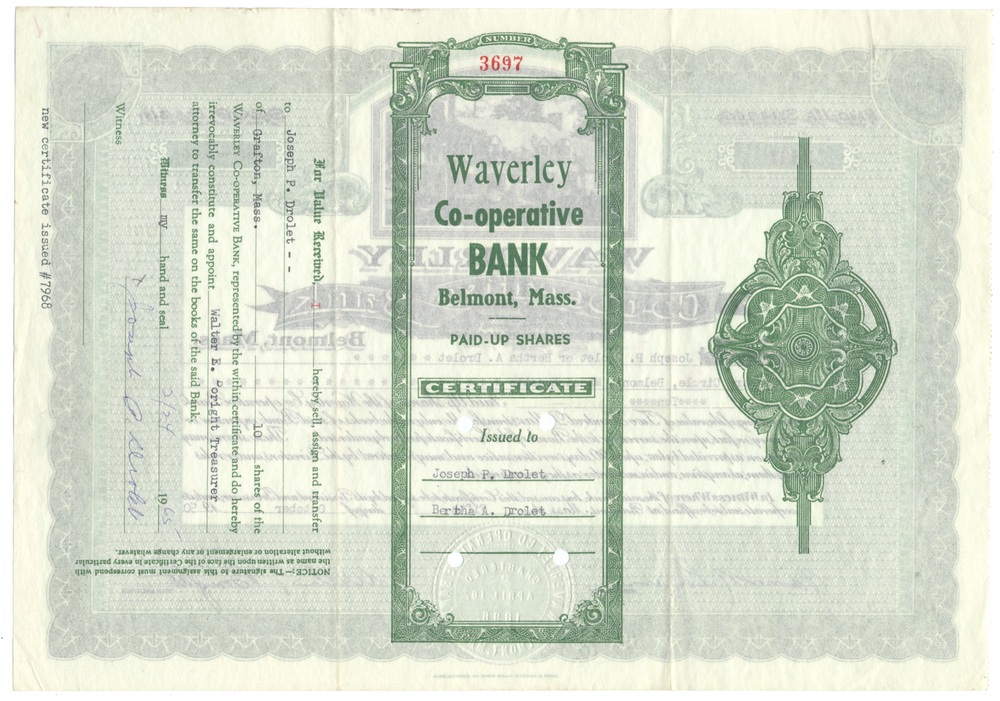 Waverly Co-operative Bank Stock Certificate