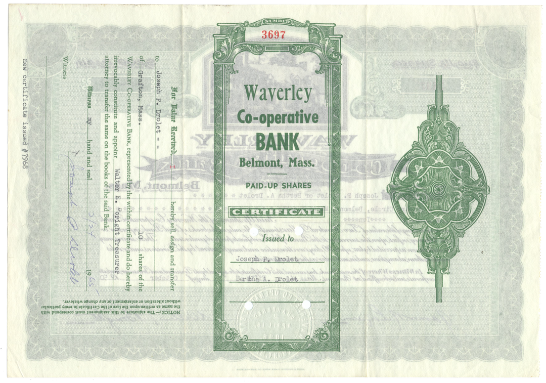 Waverly Co-operative Bank Stock Certificate