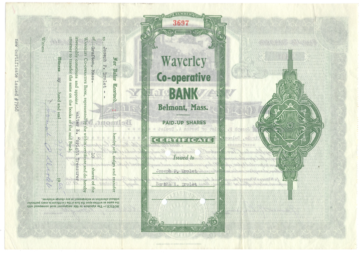 Waverly Co-operative Bank Stock Certificate