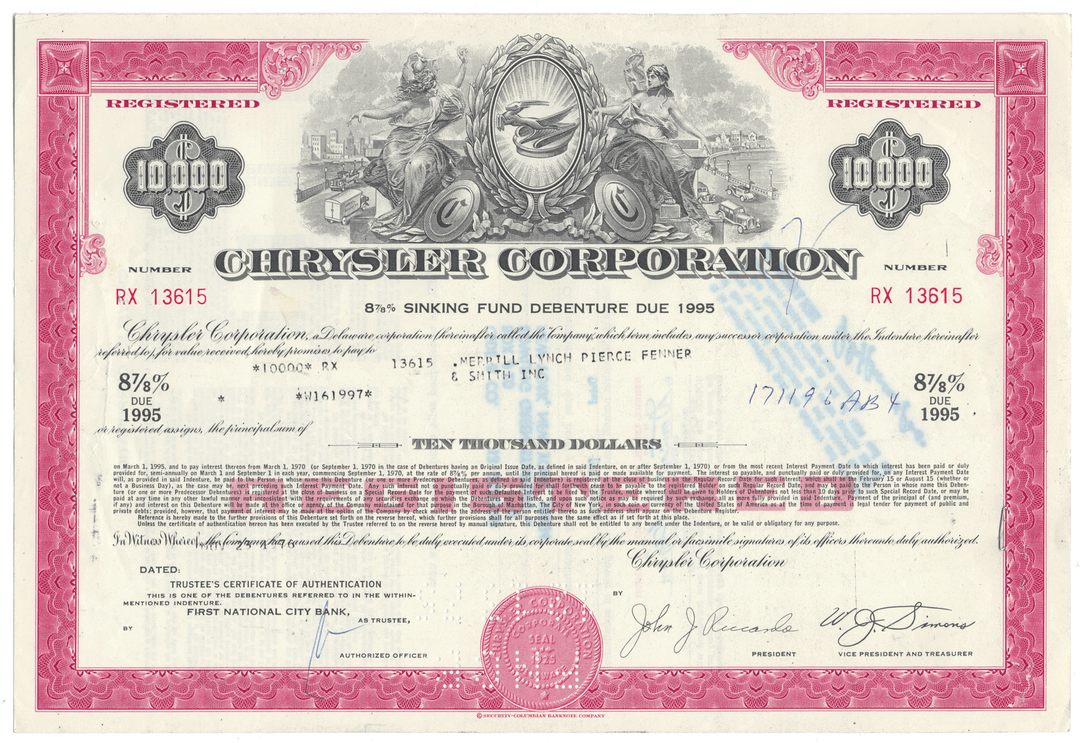 Chrysler Corporation bond certificate detailed design.