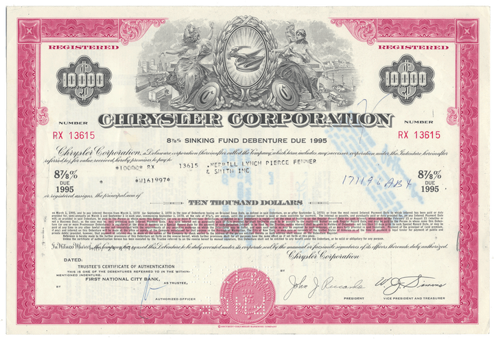 Chrysler Corporation bond certificate detailed design.